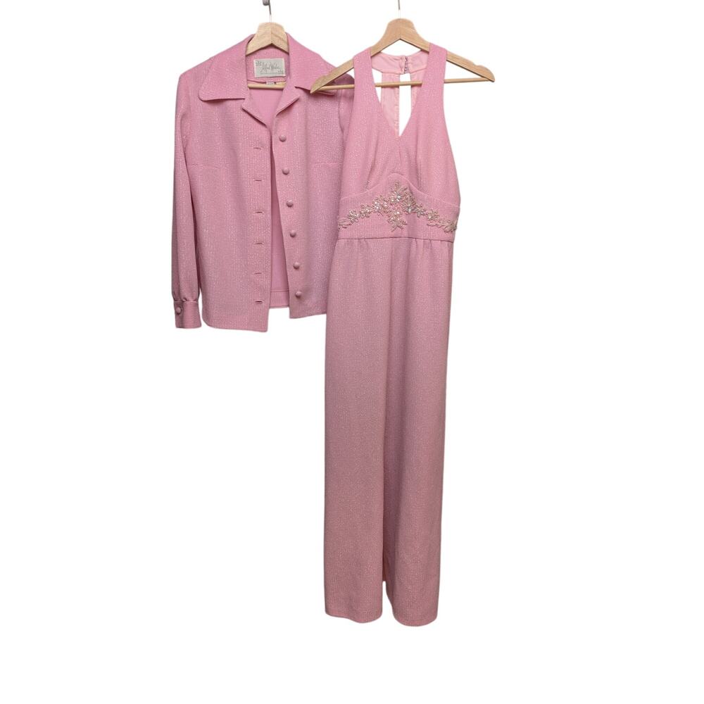 1960s Alfred Werber Long Sheath Party Dress & Jacket Pink Silver MCM Size Small